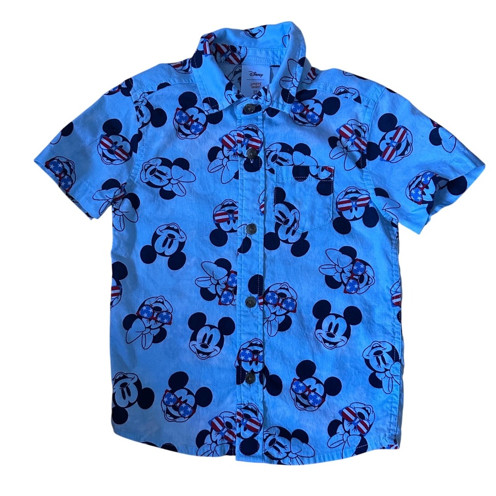 Disney Mickey Mouse Patriotic Sunglasses Short Sleeve Button Up‎ Shirt Kids